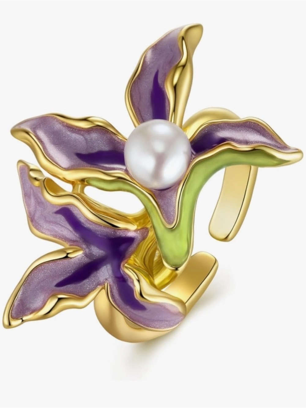 Gold Purple Orchid Floral Ring with Pearl Accent